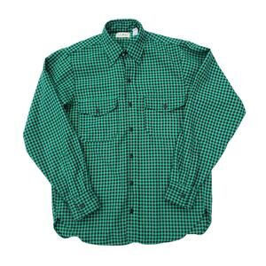 Vintage LL Bean Green Plack Plaid Check Button Down Shirt Heavy PolyS 14 14.5